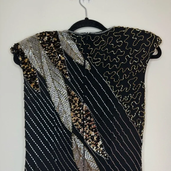 Authentic Vintage 20s Flapper 100% Silk Beaded Gold Black Flower Appliqué Dress